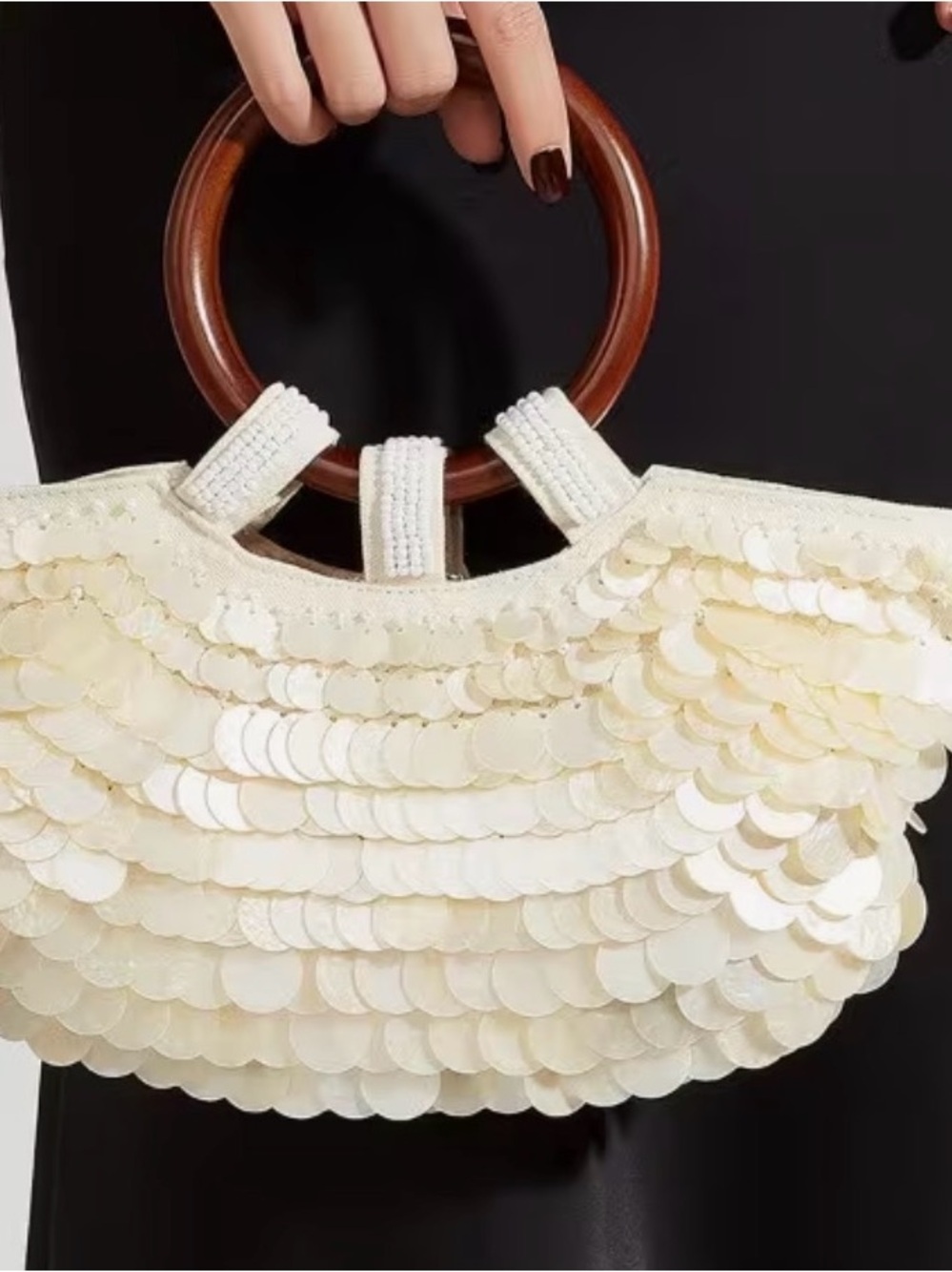 Ivory Sequin Handbag with Wooden Ring Handles